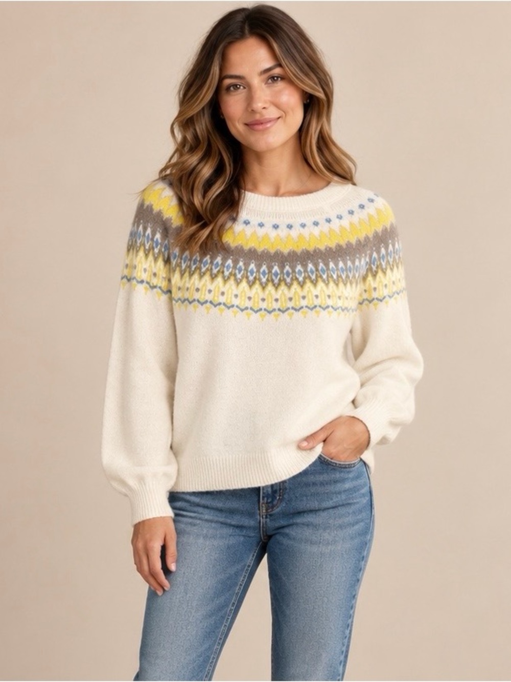 LOFT Fair Isle Sweater XL Cream Blue Yellow